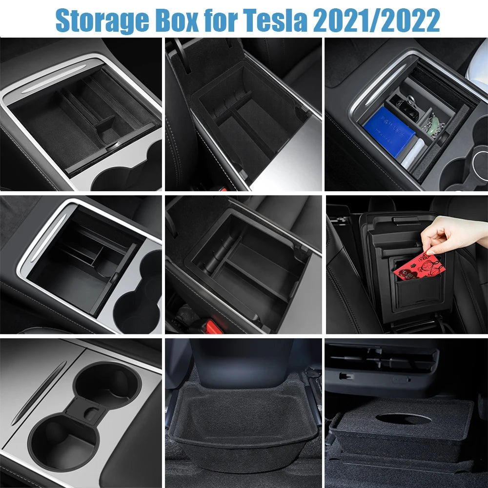 For Tesla Model 3 2022 Model Y 2023 Storage Box Center Armrest Hidden Box Cup Holder Interior Organizer Car Accessories