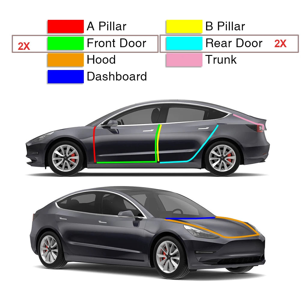 For Tesla Model 3 Y Car Door Seal Strip Kit Soundproof EPDM Rubber Weatherstrip Auto Trunk Hood Dashboard A B Pillar Sealing Set