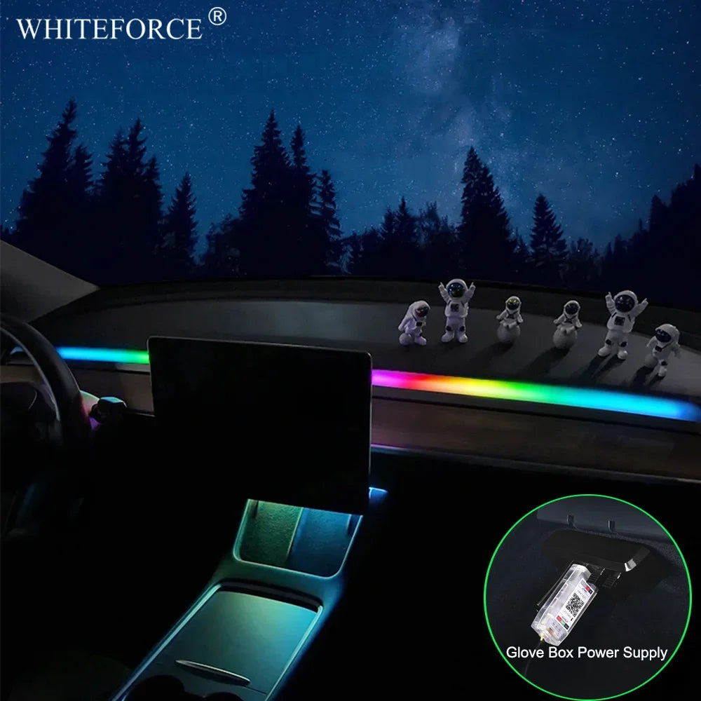 For Tesla Model 3/Y 2017-2023 Streaming Ambient Light Dashboard Flow Light Remote/APP Control USB Ambient Strip Lamp Decoration